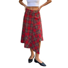 (S, Red) Women Asymmetrical Midi Skirts Casual Summer Irregular Plaid Skirt for Beach Vacation Club Streetwear