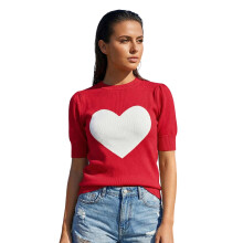 (L, Red) Women's Spring Autumn Knit Sweaters Half Sleeve O Neck Heart Print Casual Knitwear