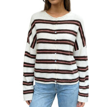 (S, White) Women Knit Cardigan Long Sleeve Button Closure Fall Casual Jacket Loose Striped Sweater