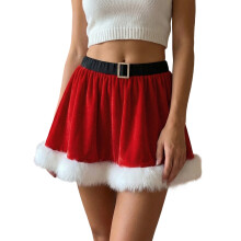 (M, Red) Women's Mini Velvet Skirt Elegant Contrast Color Fuzzy Trimmed Skirt for Christmas Party Cosplay Daily Wear