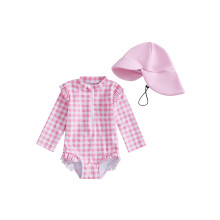 (18-24 Months, Pink) Badeanzug mit Rashguard und Hut für Kleinkinder, 2-teilig, kariert, Reißverschluss, lange Ärmel, Rundhalsausschnitt