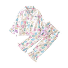 (3-4 Years, White) Osterpyjama-Set für Mädchen, Eierprint, langärmelig, mit Reverskragen und Knopfleiste, Satin-Hose