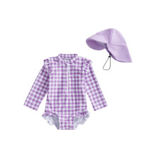 (6-12 Months, Purple) Badeanzug mit Rashguard und Hut für Kleinkinder, 2-teilig, kariert, Reißverschluss, lange Ärmel, Rundhalsausschnitt