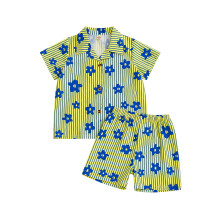 (4-5 Years, Light Yellow) Pijama de verano para bebé niña, floral de rayas, camiseta corta con botones y shorts elásticos para casa o dormir.