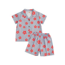 (6-7 Years, Light Blue) Pijama de verano para bebé niña, floral de rayas, camiseta corta con botones y shorts elásticos para casa o dormir.