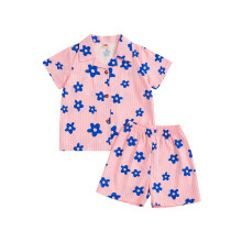 (6-7 Years, Light Pink) Pijama de verano para bebé niña, floral de rayas, camiseta corta con botones y shorts elásticos para casa o dormir.