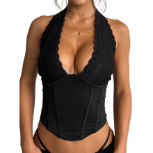 (M, Black) Women's Halter Neck Corset Tops Sleeveless Open Back Solid Color Slim Fit Tank Tops Summer Shirts
