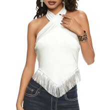 (L, White) Women Halter Tank Tops Summer Tassel Hem Backless Sleeveless Shirts for Streetwear Aesthetic Grunge Clothes