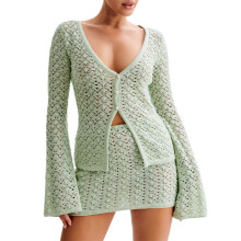 (L, Light Green) Women Knit Skirt Set, Hollowed Long Sleeve Button Closure Tops with Mini Bodycon Skirt Fall Outfit