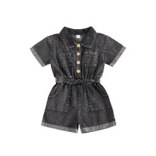(12-18 Months, Black) Salopette in denim corta per bambina, a maniche corte, colletto risvoltato, vita elasticizzata.