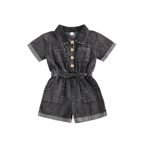 (12-18 Months, Black) Τζιν σορτς για νήπια, κοντομάνικο, με κουμπιά και λάστιχο στη μέση