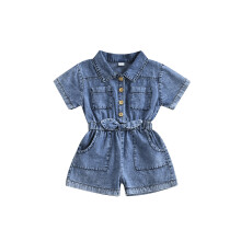 (18-24 Months, Blue) Salopette in denim corta per bambina, a maniche corte, colletto risvoltato, vita elasticizzata.