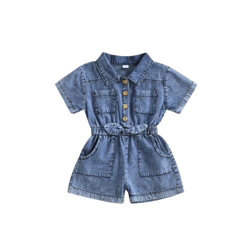 (18-24 Months, Blue) Τζιν σορτς για νήπια, κοντομάνικο, με κουμπιά και λάστιχο στη μέση