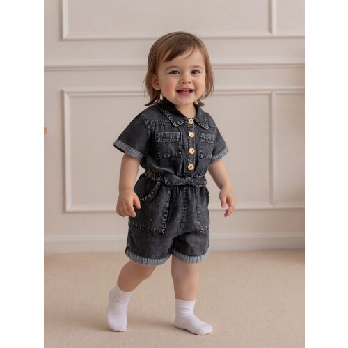 (12-18 Months, Black) Τζιν σορτς για νήπια, κοντομάνικο, με κουμπιά και λάστιχο στη μέση 2
