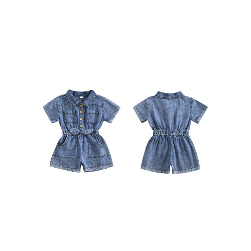 (18-24 Months, Blue) Τζιν σορτς για νήπια, κοντομάνικο, με κουμπιά και λάστιχο στη μέση 1