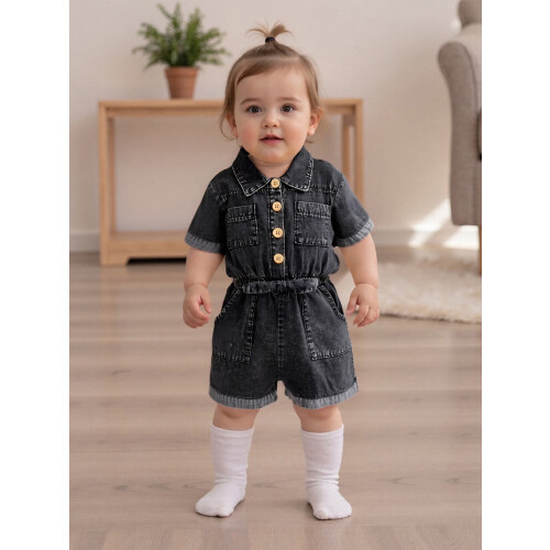 (3-4 Years, Black) Τζιν σορτς για νήπια, κοντομάνικο, με κουμπιά και λάστιχο στη μέση 2