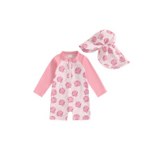 (18-24 Months, Pink) Badeanzug mit Rashguard und Hut für Kleinkinder, 2-teilig, Muschelmuster, Reißverschluss, lange Ärmel