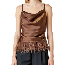 (L, Coffee) Women's Summer Satin Camisoles Spaghetti Strap Stylish Solid Color Tassel Hem Casual Tank Tops
