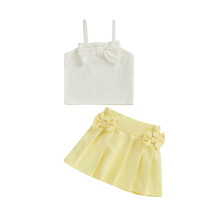 (4-5 Years, Yellow) Conjunto de saia e blusa com laço e alças finas para menina, saia plissada lisa, 2 peças, ideal para o verão.