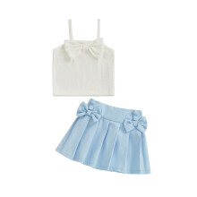 (3-4 Years, Blue) Conjunto de saia e blusa com laço e alças finas para menina, saia plissada lisa, 2 peças, ideal para o verão.