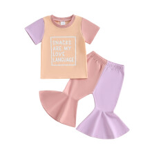 (3-4 Years, Pink) Conjunto de verão para menina: camiseta de manga curta com estampa + calça flare contrastante (2 peças)