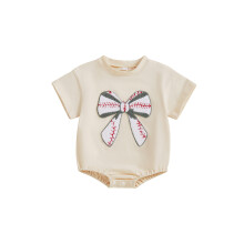 (6-12 Months, Beige) Sommerlicher Strampler für Babys und Mädchen, kurzärmelig, Rundhalsausschnitt, Rugby-Stil, mit Schleifenstickerei