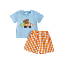 (6-12 Months, Orange) Conjunto de Páscoa para Bebê Menino: Camiseta Bordada e Shorts Xadrez (2 peças)