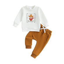 (2-3 Years, White) Conjunto menino com estampa de chapéu faroeste, moletom de manga longa e calça com elástico.