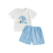 (3-4 Years, Blue) Conjunto de 2 piezas: camiseta corta bordada con conejito de Pascua y pantalones cortos a cuadros para bebé y niño.