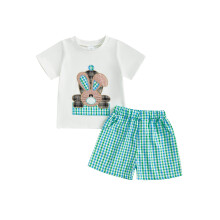 (6-12 Months, Green) Conjunto de Páscoa para Bebê Menino: Camiseta Bordada e Shorts Xadrez (2 peças)