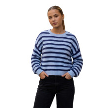 (L, Blue) Women's Fall Winter Sweater Loose Fit Casual Striped Ribbed Trim Crew Neck Long Sleeve Knit Tops