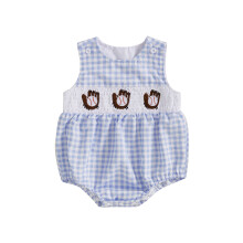(12-18 Months, Sky Blue) Tutina a quadri per neonati e bambine, senza maniche, girocollo, con ricamo stile baseball.