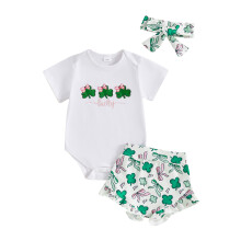 (0-3 Months, White) Conjunto irlandês para bebê menina: body bordado, shorts de trevo e faixa de cabelo.
