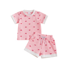 (3-4 Years, Pink) Completo estivo per bambina: top corto con fiocco e pantaloncini con tasche. Abbigliamento per bambine.