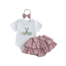 (0-3 Months, Pink) Conjunto de Páscoa para Bebê Menina: Macacão curto com coelhinho e ovo, saia em camadas e faixa de cabelo com laço.
