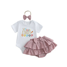 (6-12 Months, Dard Pink) Conjunto de Páscoa para Bebê Menina: Macacão curto com coelhinho e ovo, saia em camadas e faixa de cabelo com laço.