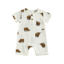 (0-3 Months, Beige) Tutina casual da neonato con stampa a mucca, maniche corte, scollo rotondo, abbottonatura frontale.