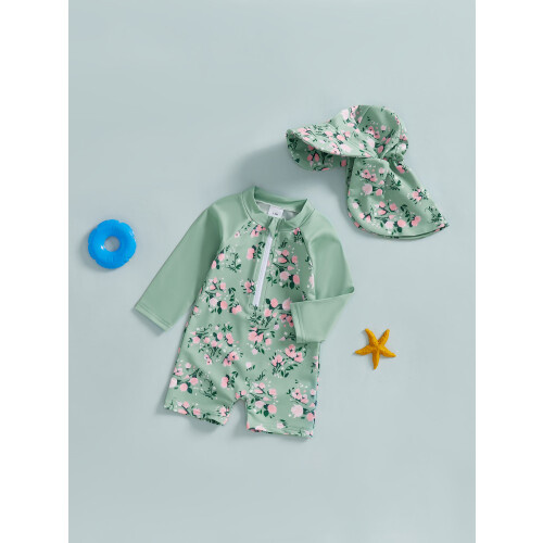 (3-6 Months, Green) Ensemble maillot de avec chapeau. 2