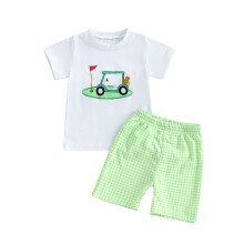 (12-18 Months, Green) Conjuntos de verão para meninos: shorts e camisetas curtas com bordados de pintinhos e quadros xadrez.