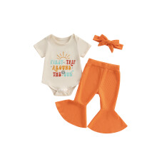 (6-12 Months, Yellow) Conjunto de verão para bebês meninas: macacão curto com letras, calça flare lisa e faixa de cabelo.