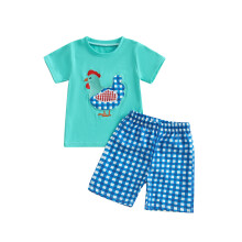(12-18 Months, Blue) Chlapecké letní kraťasy s krátkým rukávem a výšivkou, kostkované, vzor kuřete/golfového hřiště