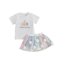 (2-3 Years, White) Conjunto de Páscoa para menina: camiseta com bordado de coelhinho e saia de tule com bolinhas (2 peças)