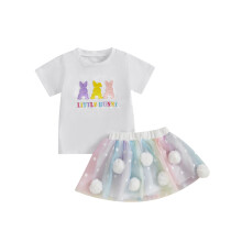 (12-18 Months, Ivory) Conjunto de Páscoa para menina: camiseta com bordado de coelhinho e saia de tule com bolinhas (2 peças)