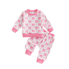 (12-18 Months, Pink) Éadaí Earraigh do Chailíní Óga le Prionta Croí Bogha + Bríste Fada le Coim Leaisteach, Tacar 2 phíosa