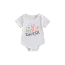 (6-12 Months, White) Tutine estive per neonati con orecchie di coniglio, stampa lettere, maniche corte, abbigliamento pasquale.