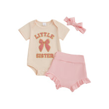 (6-12 Months, Pink) Conjunto de verão para meninas: macacão curto com bordado e laço, shorts lisos e faixa de cabelo.