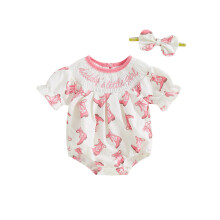 (3-6 Months, Pink 3) Kislány pizsamák, hímzett betűkkel, cseresznye/virágos/csizma mintás, rövid ujjú overálok, bodyk fejpánttal