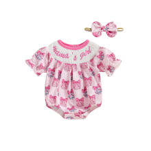 (9-12 Months, Pink 5) Kislány pizsamák, hímzett betűkkel, cseresznye/virágos/csizma mintás, rövid ujjú overálok, bodyk fejpánttal