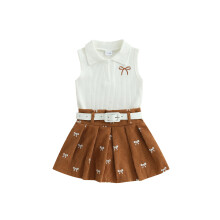(3-4 Years, Brown) Completo estivo per bambina: canotta senza maniche con fiocco e gonna a pieghe. Abbigliamento per bambine.