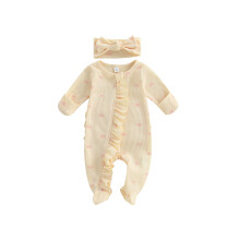 (0-3M, Beige) Completo primaverile neonata, 2 pezzi: tutina maniche lunghe con volant e stampa fiocco, fascia per capelli inclusa.